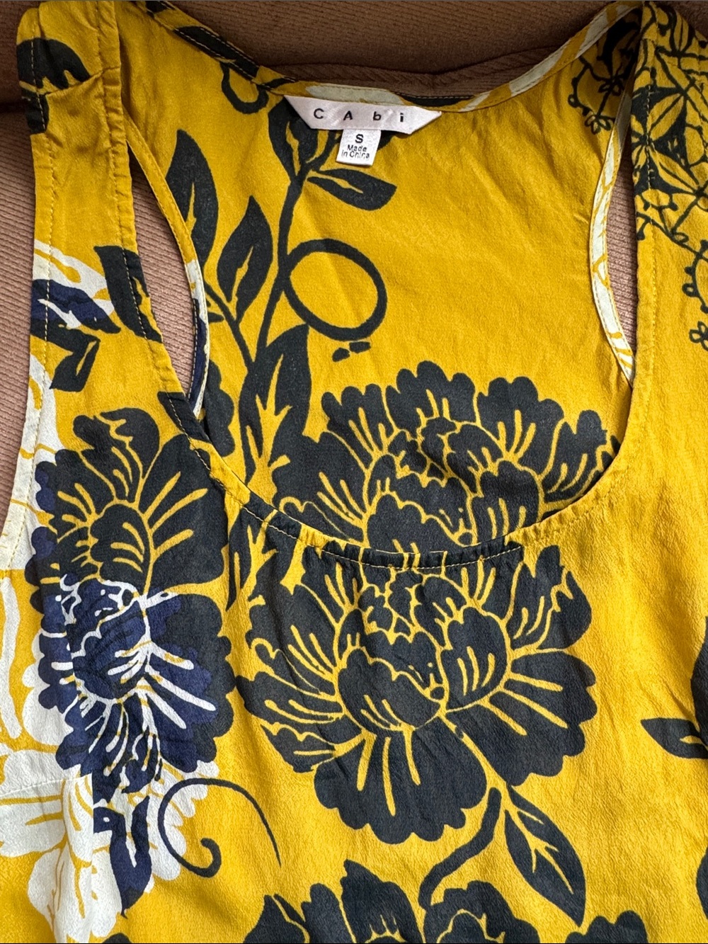 CAbi Mustard Yellow Floral Scoop Neck Tank